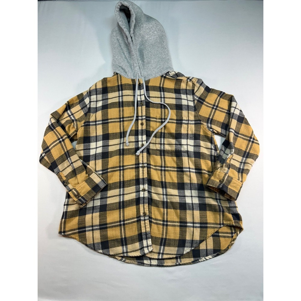 American Eagle Women Mustard Yellow Black Plaid Hooded‎ Flannel Shirt Size M